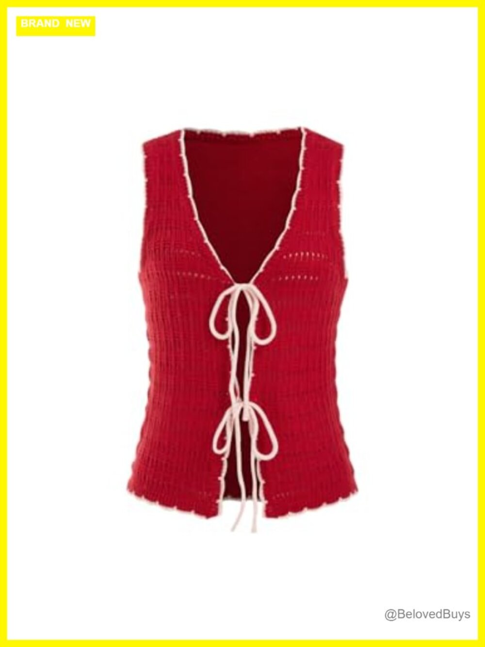 Crochet Knit Sleeveless Sweater Vest V-Neck Lace-Up Scalloped Trim Summer